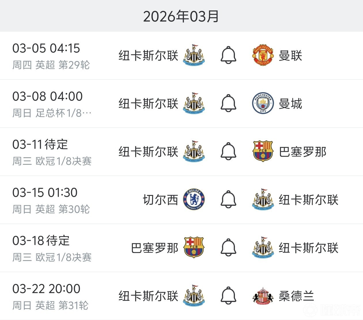 死亡三月！紐卡將在兩周時間內連戰(zhàn)巴薩、曼市雙雄、切爾西